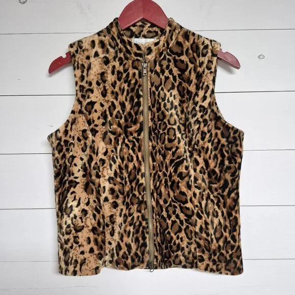Leopard Print Faux Fur Zip-Up Vest Sleeveless S By Jordan Polyester Womens - Picture 1 of 6